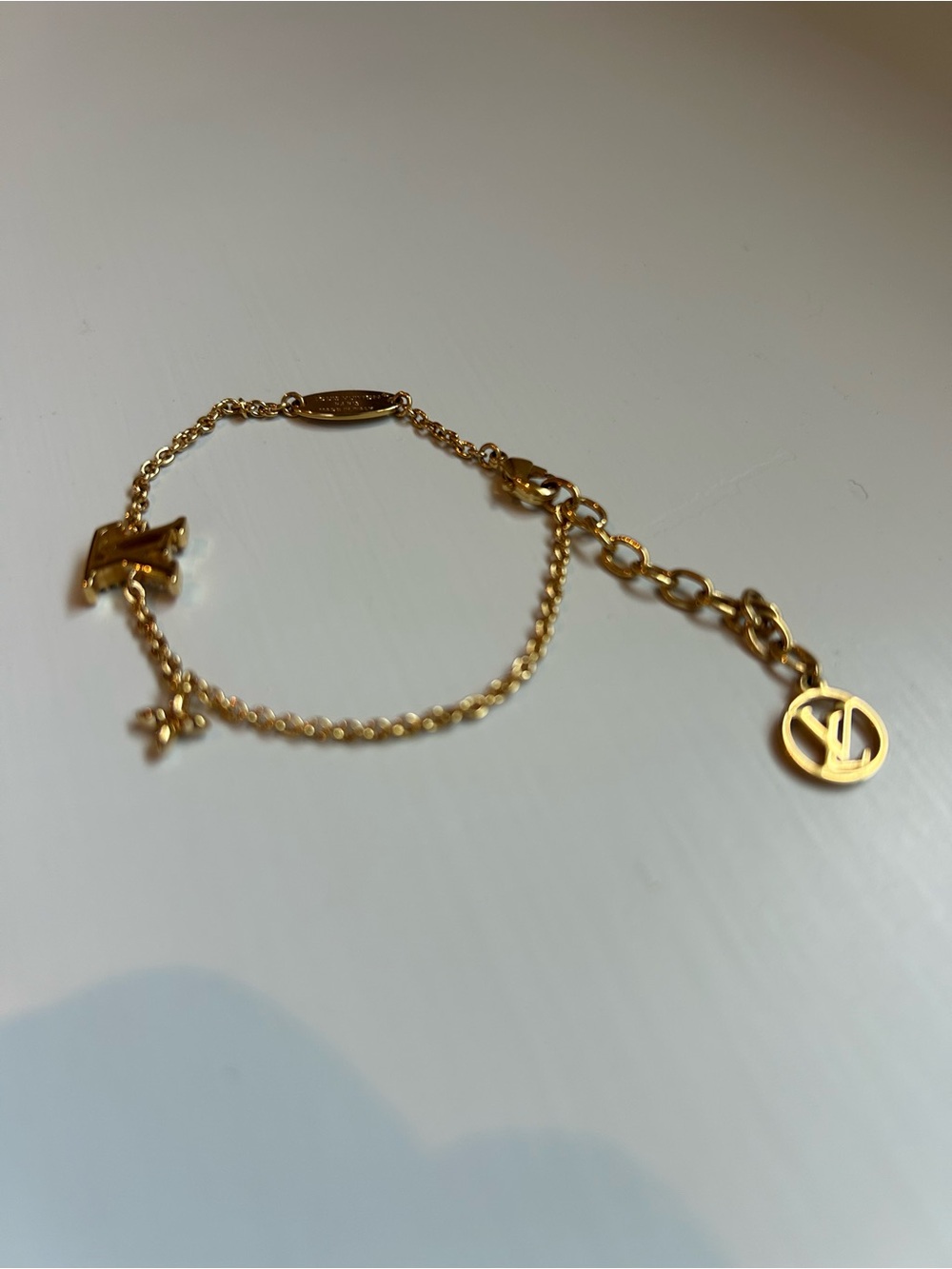 Louis Vuitton Gold Logo Charm Delicate Chain Bracelet
